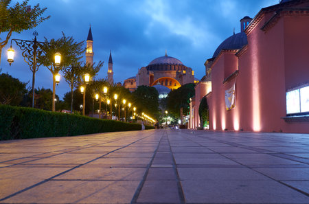 ISTANBUL, TURKEY - JULY 14, 2014: The view of Hagia Sophia in the evening illumination from Sultan Ahmet Park, Istanbul, Turkeyのeditorial素材