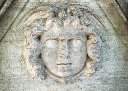 The Mask of Medusa the Gorgon on the sarcophagus in the courtyard of the Archaeological Museum, Istanbul, Turkeyのeditorial素材