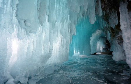 Ice cave on Olkhon island on Baikal lake in Siberia at winter timeの写真素材