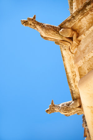 A grotesque  style figures of chimeras on the facade of the BishopÃ¢ï¿½ï¿½s Palace on the Pjazza San Pawl in Mdina. Maltaのeditorial素材