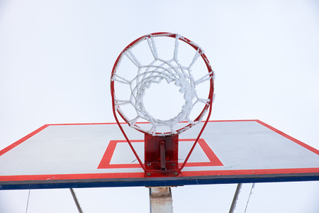 Outdoor basketball hoop with net, covered by hoarfrostの素材 [FY31064529889]