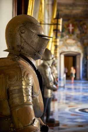 VALLETTA, MALTA - JULY 31, 2015:  The suits of armour in the armoury corridor on the main floor of the Grandmaster's Palace. Valletta. Maltaのeditorial素材
