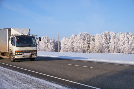 ALTAI, RUSSIA - JANUARY 18, 2017: Fuso truck on road M52 Chuysky Tract in winter seasonのeditorial素材
