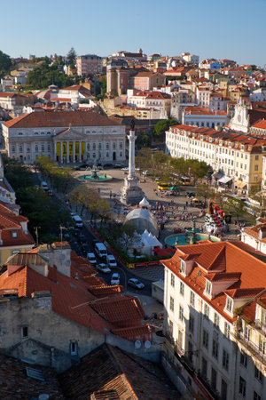 LISBON, PORTUGAL - JUNE 26, 2016:  Panoramic view of Rossio Square (Pedro IV Square) and Pombaline Lower Town (Baixa) as seen from the observation platform of Santa Justa Lift. Lisbon, Portugalのeditorial素材