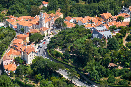 Bird's-eye view on Palace of Sintra (Town Palace) - the medieval Portuguese royal family residence used as the court's summer shelter for hunting. Sintra. Portugalのeditorial素材