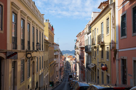LISBON, PORTUGAL - JUNE 25, 2016: View down the street of Rua Sant Marcal with the Tagus river in the background. Lisbon, Portugalのeditorial素材