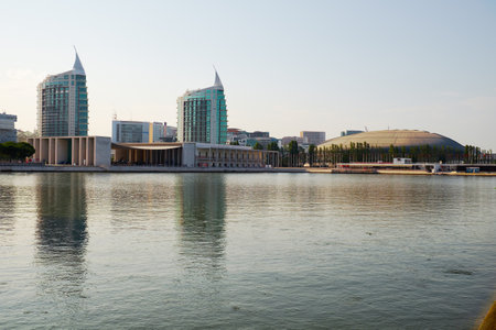 LISBON, PORTUGAL - JULY 04, 2016: The view of modern buildings and Altice Arena (Pavilhao Atlantico)  in the World Expo 1998 Park of the Nations (Parque das Nacoes). Lisbon. Portugalのeditorial素材