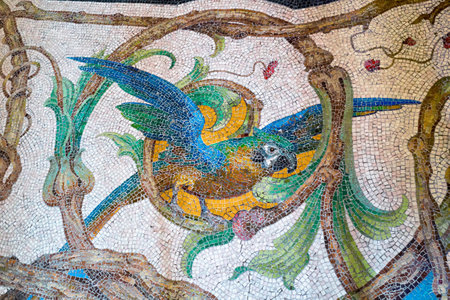 SINTRA, PORTUGAL - JULY 03, 2016: Colorful mosaic on the dining room floor depicting ara parrot in Quinta da Regaleira palace. Sintra. Portugalのeditorial素材