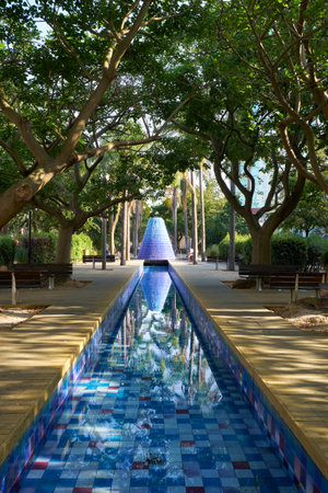 LISBON, PORTUGAL - JULY 04, 2016: The Park of the Nations built for the Universal Expo 98 World Exhibition with the colorful water Volcano Fountain. LIsbon. Portugalのeditorial素材