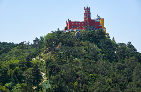 Pena Palace - a Romanticist, colourful castle in the Sintra Mountains as seen from the Moorish castle. Sintra. Portugalのeditorial素材