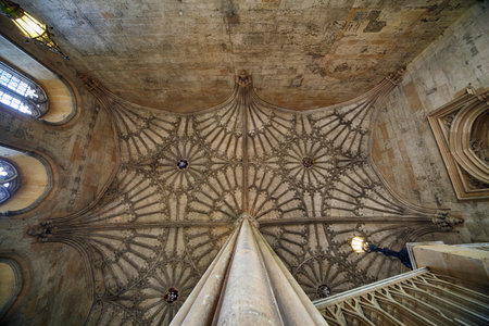 OXFORD, ENGLAND - MAY 15, 2009: The fanned vaulting of the ceiling over the staircase in Bodley Tower. Christ Church. Oxford University. Englandのeditorial素材