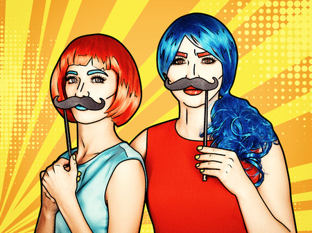 Portrait of young women in comic pop art make-up style. Females in red and blue wigs on yellow -...