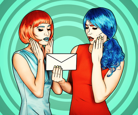 Portrait of young women in comic pop art make-up style. Females in red and blue wigs and dresses are...