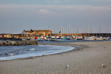 LYME REGIS, ENGLAND â MAY 12, 2009: The view of surf at the coast of Lyme Regis and the Cobb harbor. West Dorset. England.のeditorial素材