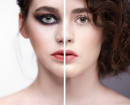 Collage of two photos. Closeup macro portrait of female face with nude makeup and violet - black...