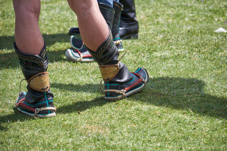 KHOVD, MONGOLIA - JULY 06, 2017:  Mongolian wrestlers wrestling in nature. Traditional Mongolian wrestler shoes.のeditorial素材