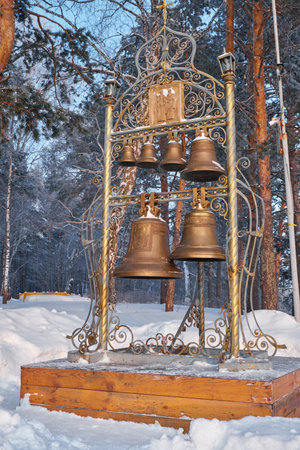 TOMSKAYA PISANITSA, RUSSIA - JANUARY 04, 2019: bells near Chapel in honor of Saints Cyril and Methodiusのeditorial素材