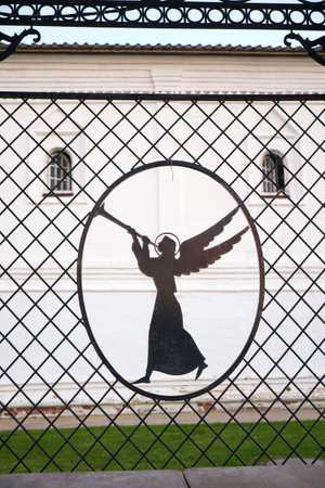 TOBOLSK, RUSSIA - AUGUST 11, 2016: The trumpeting angel in the openwork lattice fence of Tobolsk Kremlin. Tobolsk. Russiaのeditorial素材