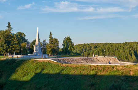 TOBOLSK, RUSSIA - AUGUST 11, 2016: Monument to Ermak on the Chukman river seen from the Kremlin on the Alafeyskaya mountain. Tobolsk. Russia.のeditorial素材