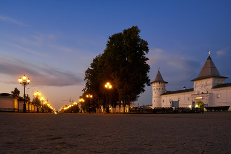 TOBOLSK, RUSSIA - AUGUST 11, 2016: The view of the Seating courtyard facing the Semena Remezova street at night light. Tobolsk Kremlin. Tobolsk. Russiaのeditorial素材