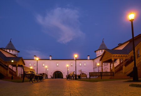 TOBOLSK, RUSSIA - AUGUST 11, 2016: The view of the inner court of the Seating courtyard (Gostiny Dvor) in the evening light. Tobolsk Kremlin. Tobolsk. Tyumen Oblast. Russiaのeditorial素材