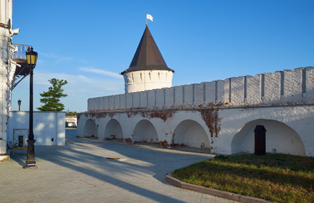 The view of the South stone defensive wall and South round tower of Tobolsk Kremlin. Tobolsk. Russiaのeditorial素材