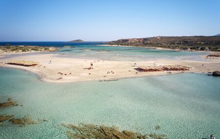 Aerial bird's-eye view from Elafonisi sandy beach on Crete. Elafonissi is famous for pink sand....