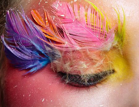 Close-up macro shot of female eye. Woman with bright stylish make-up and false fashion feather eyelashesの写真素材