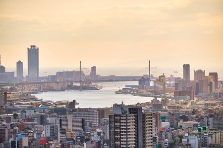 The birds eye view of Yodo River under the sun lights. Osaka. Japanの写真素材