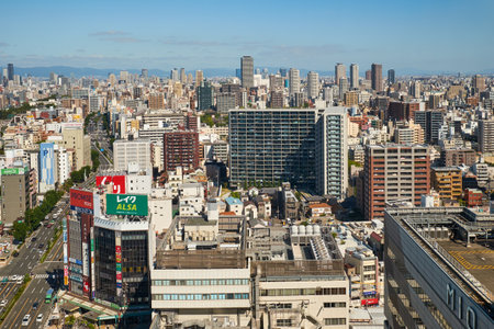 OSAKA, JAPAN â OCTOBER 16, 2019: Skyscrapper center of Tennoji district as seen from the garden terrace of Abeno Harukas. Osaka. Japanのeditorial素材