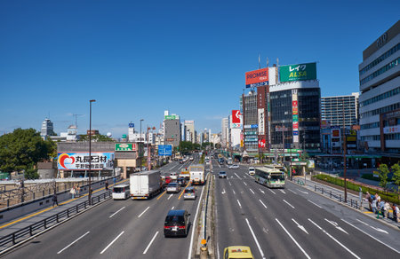 OSAKA, JAPAN - OCTOBER 16, 2019: The view of the Osaka Izumi Sennan Route near the Kintetsu Osaka Abenobashi Station. Osaka. Japanのeditorial素材