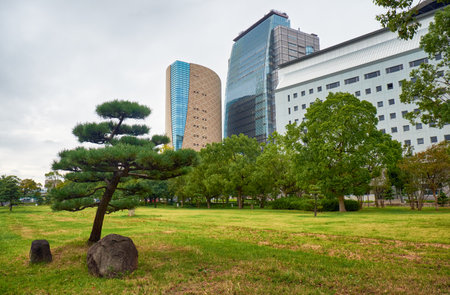 OSAKA, JAPAN - OCTOBER 14, 2019:  Central buildings of Osaka (NHK Osaka Hall; Museum of History and Prefectural Police Headquarters) as seen from the Osaka Castle Park (Osakajootemae Shibafuhiroba).のeditorial素材