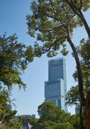 OSAKA, JAPAN - OCTOBER 16, 2019: Abeno Harukas - the tallest skyscraper in Japan as seen from the Tennoji park. Osakaのeditorial素材