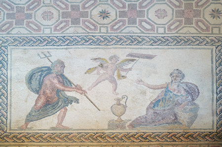 PAPHOS, CYPRUS - JUNE 08, 2018: Floor mosaic depicting the myth about Neptune and Amymone in the villa Dionysos. Paphos Archaeological Park. Cyprusのeditorial素材