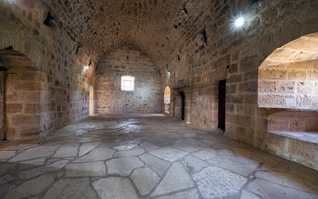 KOLOSSI, CYPRUS - JUNE 12, 2018: Interior of the room on the second storey of Kolossi Castle that were used for accomodation. Kolossi. Limassol District. Cyprusのeditorial素材