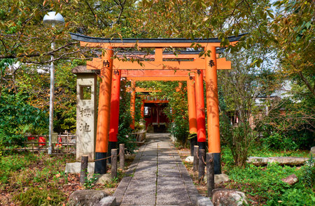 KYOTO, JAPAN - OCTOBER 17, 2019:  The view of the red torii gates along a path (sando) to the small Inari-sha Shrine on the territory of  Hirano Shrine. Kyoto. Japanのeditorial素材