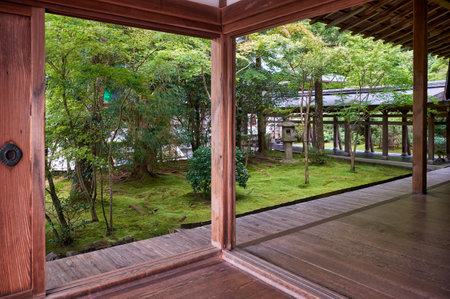 KYOTO, JAPAN - OCTOBER 17, 2019: The view from the terrace to the small garden on the rear side of the Hojo, the head priest's former residence of Ryoan-ji temple. Kyoto. Japanのeditorial素材
