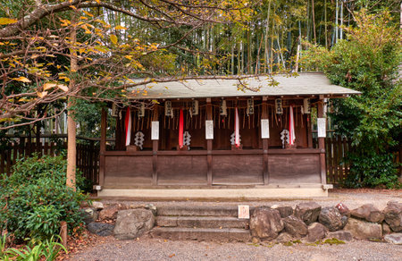 KYOTO, JAPAN - OCTOBER 17, 2019:  The view of a small auxiliary shrine (sessha or massha) of hirairi  style at the Hirano Shrine. Kyoto. Japanのeditorial素材