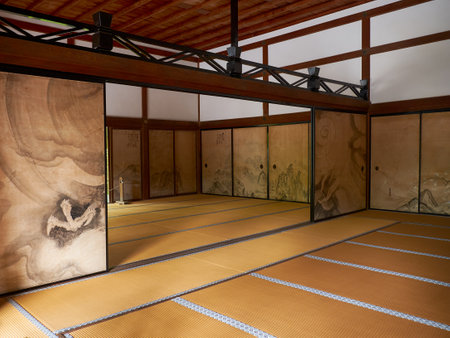 KYOTO, JAPAN - OCTOBER 17, 2019: The interior of the Hojo, the head priest's former residence, decorated with the painted sliding doors (fusuma) in its tatami rooms. Ryoan-ji temple. Kyoto. Japanのeditorial素材