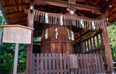 Ayasugi Myojin, enshrines the spirit of Ayugi, a sacred 100 years old tree collapsed by the storm in 1896. Shikichi-jinja (Wara-tenjin) shrine. Kyoto. Japanのeditorial素材