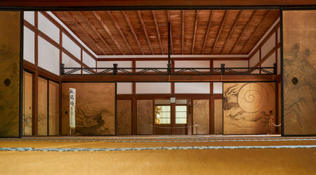 KYOTO, JAPAN - OCTOBER 17, 2019: The interior of the Hojo, the head priest's former residence, decorated with the painted sliding doors (fusuma) in its tatami rooms. Ryoan-ji temple. Kyoto. Japanのeditorial素材