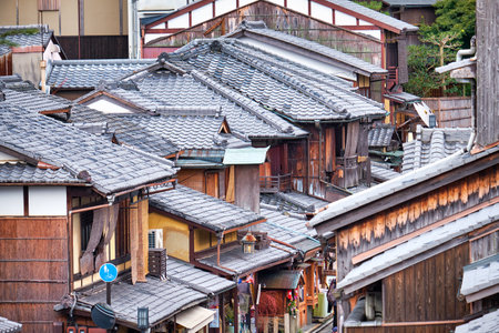 The view of tiled roofs of old historic Kyoto neighborhood near Kiyomizu-dera temple. Higashiyama. Kyoto. Japan のeditorial素材