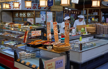 KYOTO, JAPAN - OCTOBER 22, 2007: The counter with Japanese furikake (rice toppings) made of dried fish, sesame seeds or chopped seaweed on the Nishiki Market. Kyotoのeditorial素材