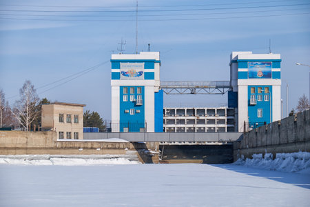 Novosibirsk Russia - March 13, 2020: Floodgate and dam on Ob Sea in winter season. Novosibirsk, Siberia, Russiaのeditorial素材