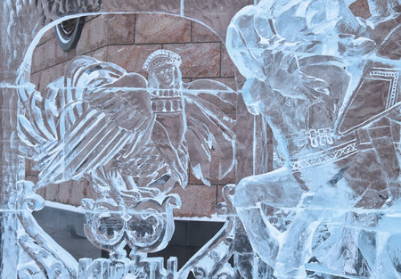 Yekaterinburg, Russia - January 07, 2021: Ivan Bilibin's Alkonost from the ice sculpture Vasilisa the Beautiful at Christmas Festival Star of Bethlehem near the Church on Bloodのeditorial素材