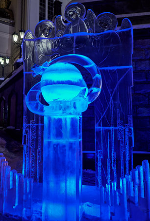 Yekaterinburg, Russia - January 07, 2021: Night view of ice sculpture Satellites at the Christmas Festival Star of Bethlehem near the Church on Blood, the work of Maria Solovatova and Lev Bryukhanovのeditorial素材
