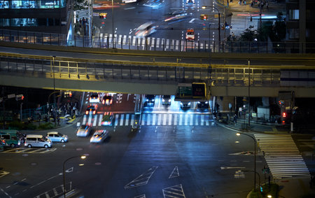 Tokyo, Japan - October 23, 2019: Akabane Bridge over the brightly illuminated Sakurada-dori avenue at night. The view from the Tokyo Tower observation deck. Tokyo, Japanのeditorial素材