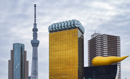 Tokyo, Japan - October 24, 2019 The most recognizable modern structures of Tokyo, Asahi Beer Hall,...