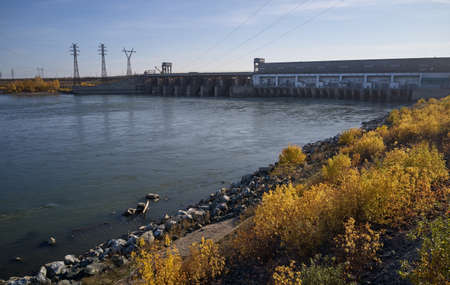 Photo of Novosibirsk hydroelectric power plant station on the Ob River. Camera moves backwards. Novosibirsk, Siberia, Russiaの写真素材