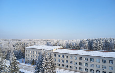 Aerial photo panorama of Central Siberian botanical garden in winter season. Novosibirsk, Siberia, Russia.のeditorial素材